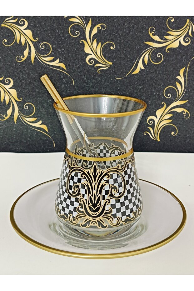 Samsa Premium Gold Black White Patterned 6 - Person Ceramic Tea Set - TryAladdin