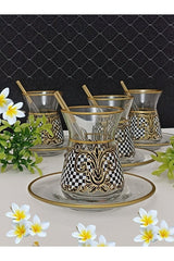 Samsa Premium Gold Black White Patterned 6 - Person Ceramic Tea Set - TryAladdin