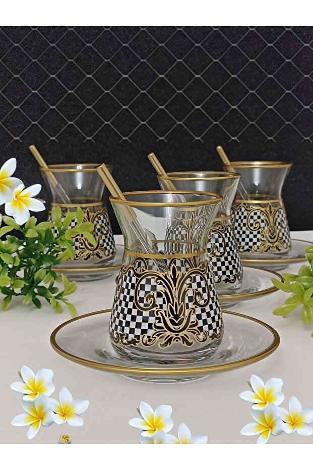 Samsa Premium Gold Black White Patterned 6 - Person Ceramic Tea Set - TryAladdin