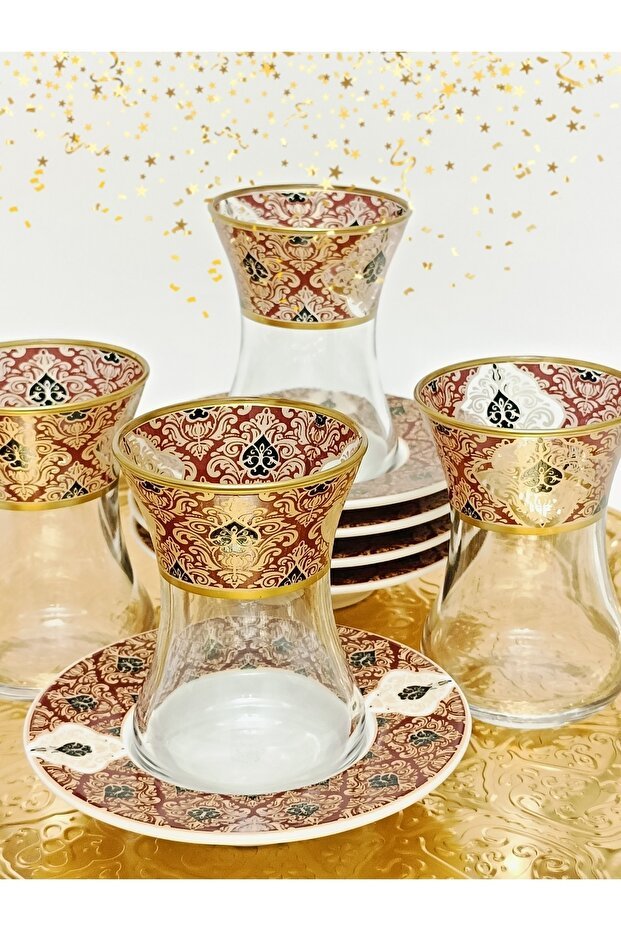 Samsa Premium Gold Burgundy Porcelain Tea Set - 6 Person - TryAladdin