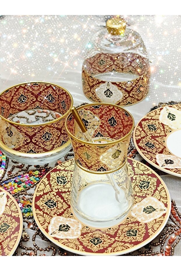 Samsa Premium Golden Burgundy Porcelain Tea Set - 6 Person - TryAladdin