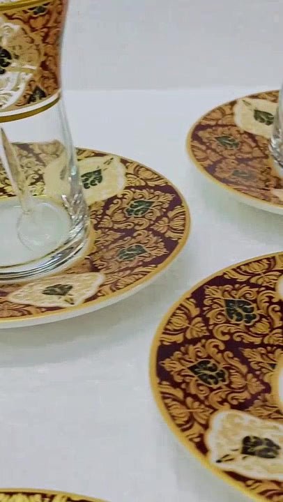 Samsa Premium Golden Burgundy Porcelain Tea Set - 6 Person - TryAladdin