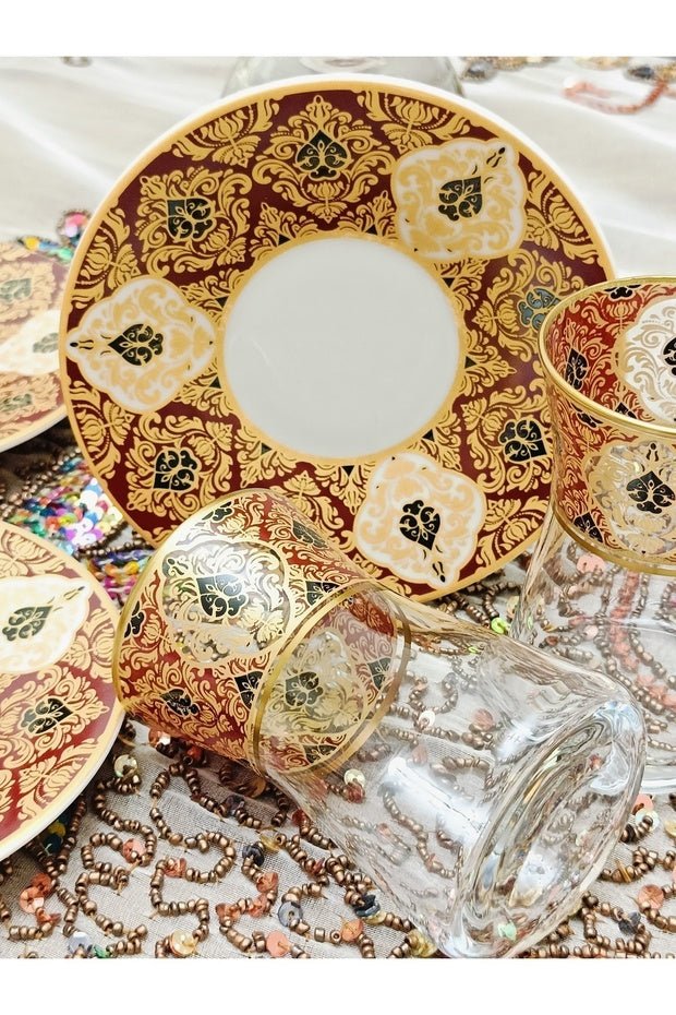 Samsa Premium Golden Burgundy Porcelain Tea Set - 6 Person - TryAladdin