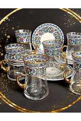 Samsa Premium Turkish Tea Set - 6 Person - Gold Plated Handles - Ceramic Motif Glass Cups Porcelain Plates - TryAladdin