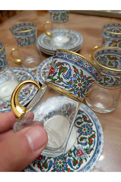 Samsa Premium Turkish Tea Set - 6 Person - Gold Plated Handles - Ceramic Motif Glass Cups Porcelain Plates - TryAladdin