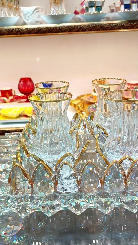 Saray Ottoman Luxury Hand - Decorated Glass Tea Set - Water Lily & Gold Gilded - TryAladdin