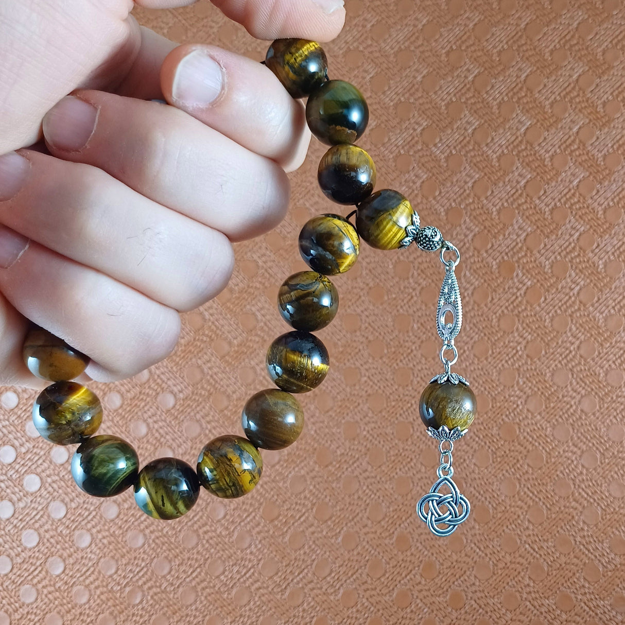 Selderesi | 17 Beads Efe Size (Small Size) Mascot Natural Tiger Eye Stone Tasbih