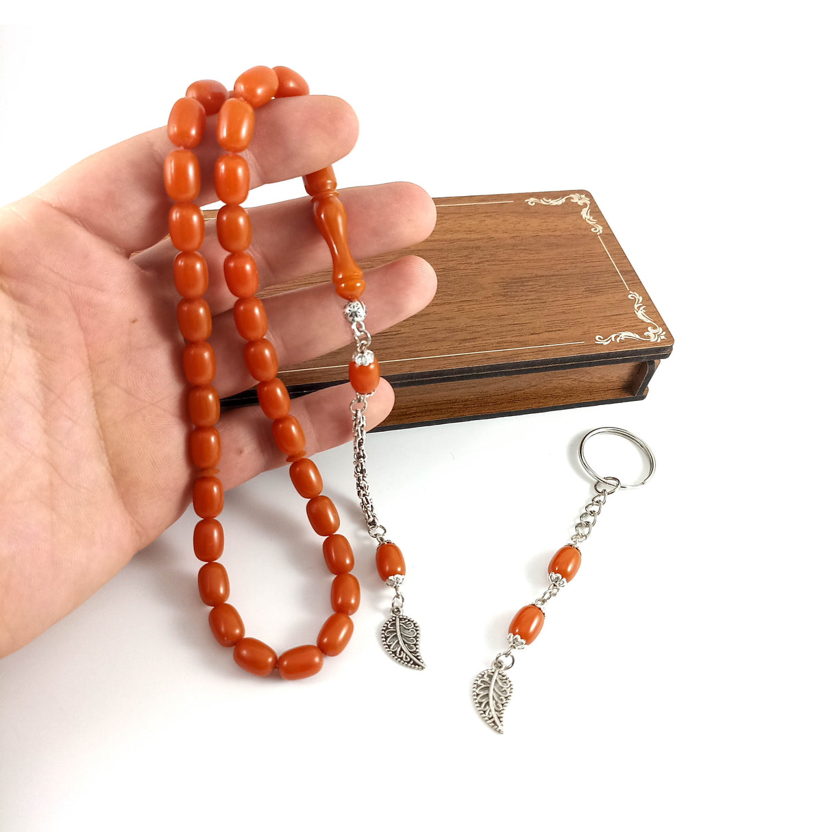 Selderesi | Amber Tasbih Set With Carved Wooden Box