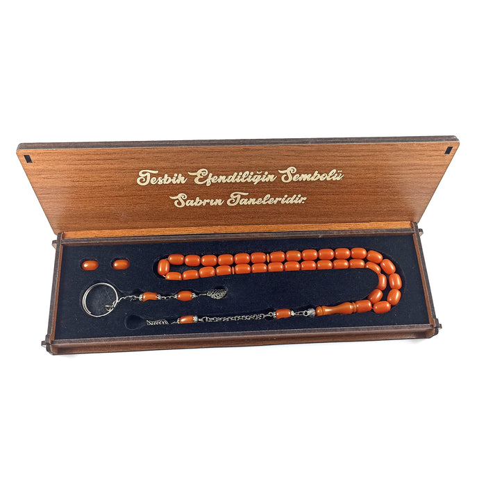 Selderesi | Amber Tasbih Set With Carved Wooden Box Selderesi Prayer Beads