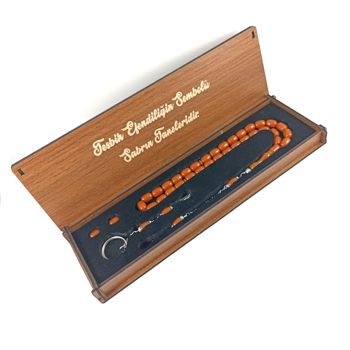 Selderesi | Amber Tasbih Set With Carved Wooden Box