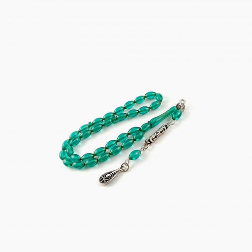Selderesi | Mini Size Fire Amber Tasbih with Emerald Green beads Selderesi Prayer Beads