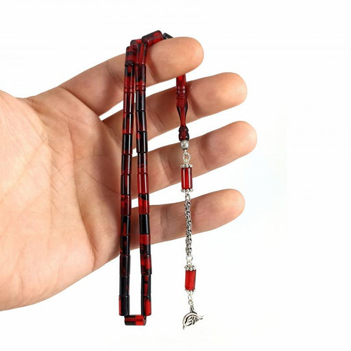 Selderesi | Red Black Fire Amber Tasbih with 925 Sterling Silver Tassel Selderesi Prayer Beads