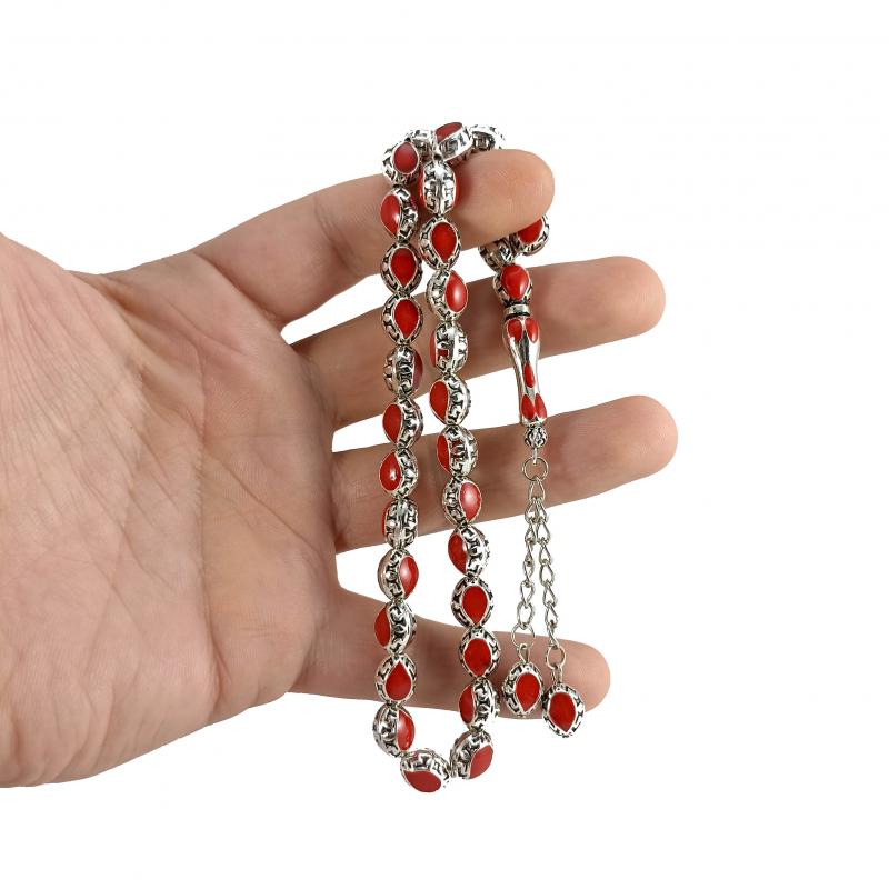 Selderesi | Red Enameled Cast Metal Alpaca Tasbih