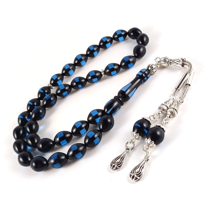 Selderesi | Synthetic Amber Tasbih with Cyan and Black beads