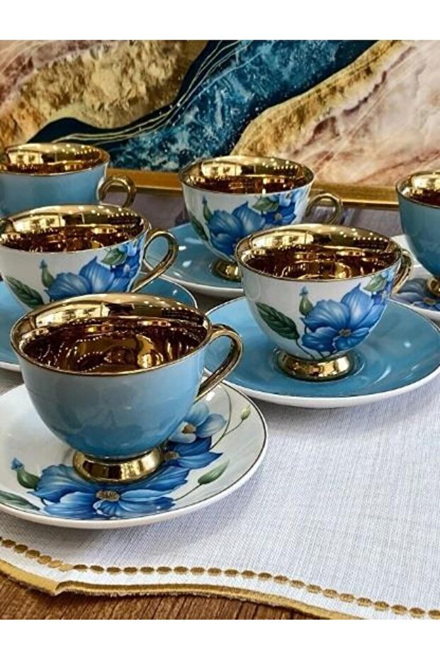 Sembol Professional Aero Blue Gold Floral Porcelain Coffee Cup Set - 6 - Piece - TryAladdin