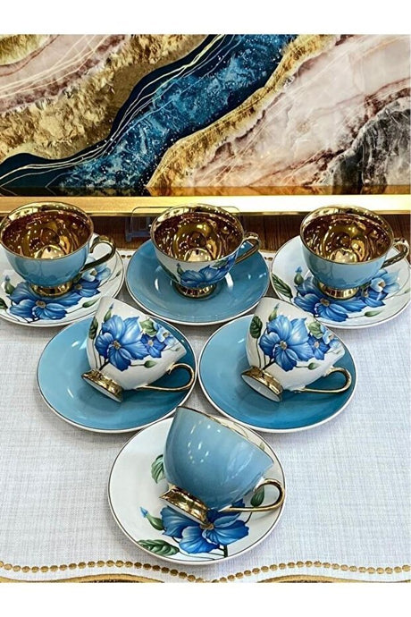 Sembol Professional Aero Blue Gold Floral Porcelain Coffee Cup Set - 6 - Piece - TryAladdin