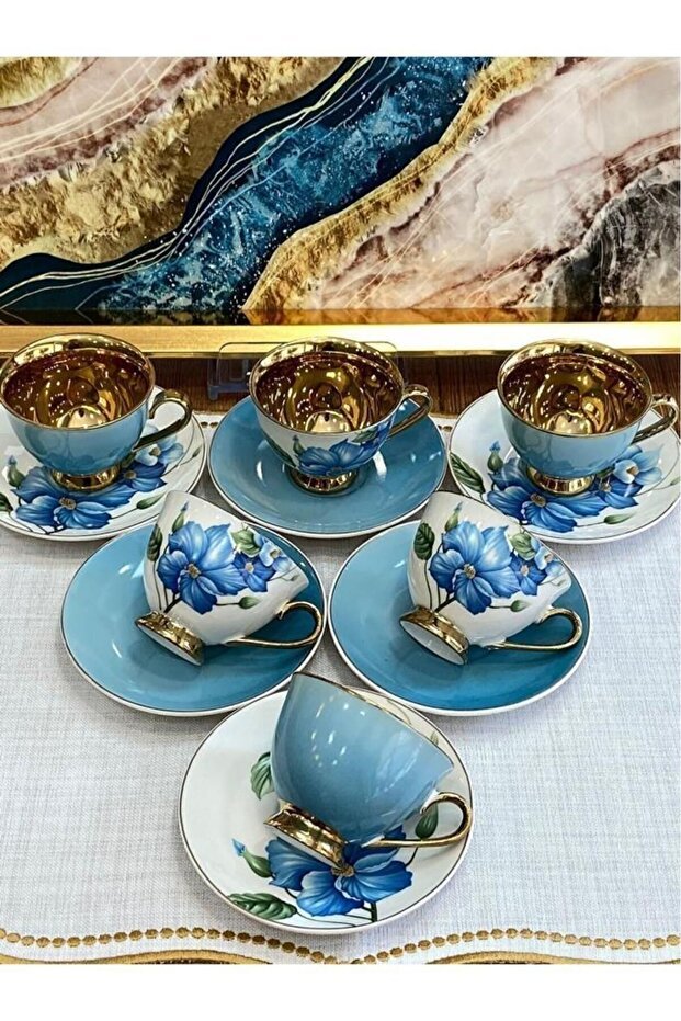 Sembol Professional Aero Blue Gold Floral Porcelain Coffee Cup Set - 6 - Piece - TryAladdin