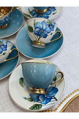 Sembol Professional Aero Blue Gold Floral Porcelain Coffee Cup Set - 6 - Piece - TryAladdin