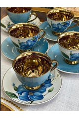 Sembol Professional Aero Blue Gold Floral Porcelain Coffee Cup Set - 6 - Piece - TryAladdin
