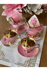 Sembol Smyrna Pink Gold Floral Porcelain Turkish Coffee Cup Set - 6 Piece - TryAladdin