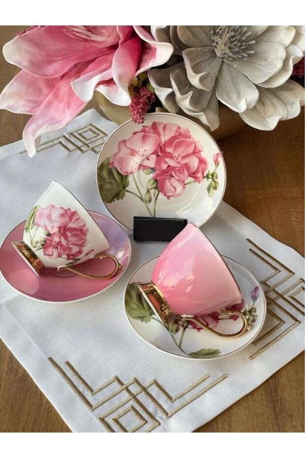 Sembol Smyrna Pink Gold Floral Porcelain Turkish Coffee Cup Set - 6 Piece - TryAladdin
