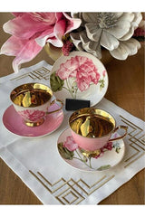 Sembol Smyrna Pink Gold Floral Porcelain Turkish Coffee Cup Set - 6 Piece - TryAladdin
