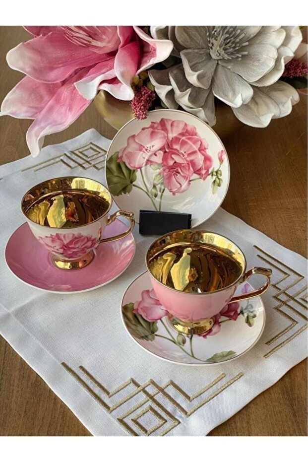 Sembol Smyrna Pink Gold Floral Porcelain Turkish Coffee Cup Set - 6 Piece - TryAladdin