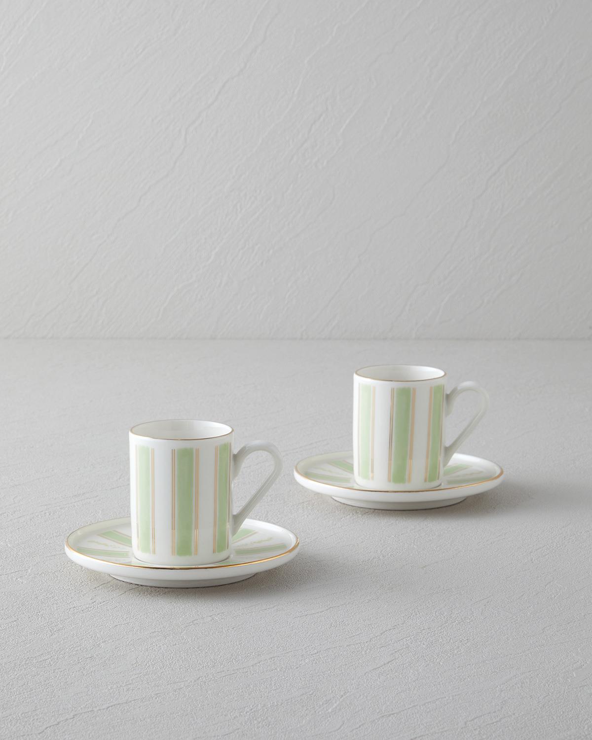 Premium Bone Porcelain Turkish Coffee Cup Set   Emerald Gold Trim   4 Piece Service for Two