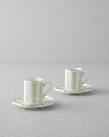 Premium Bone Porcelain Turkish Coffee Cup Set   Emerald Gold Trim   4 Piece Service for Two