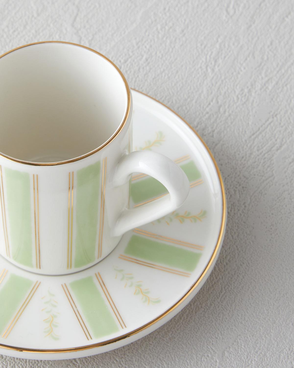 Premium Bone Porcelain Turkish Coffee Cup Set   Emerald Gold Trim   4 Piece Service for Two