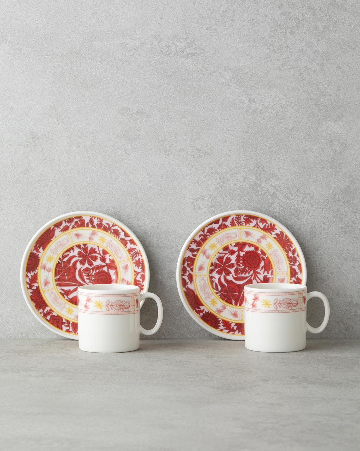 Elegant Bone Porcelain Coffee Cup Set - Pink Yellow