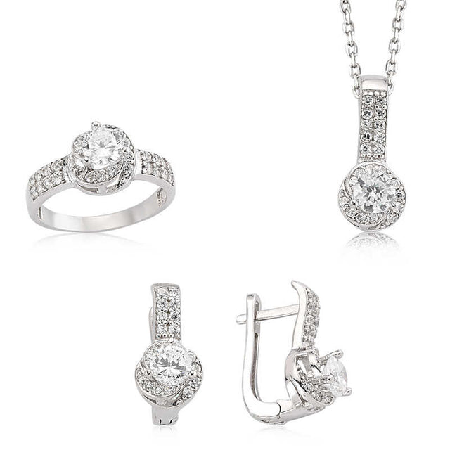 Sparkling Halo Solitaire Jewelry Set - Sterling Silver & Cubic Zirconia