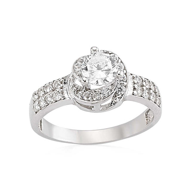 Ring - Silver-Tone Sparkling Solitaire Halo Statement