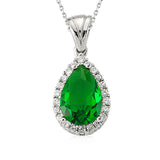 Elegant Silver Teardrop Green Gemstone Halo Pendant Necklace