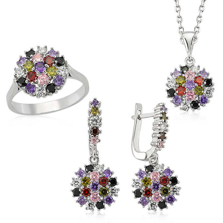 Sterling Silver Multi-Color Zirconia Floral Cluster Jewelry Set