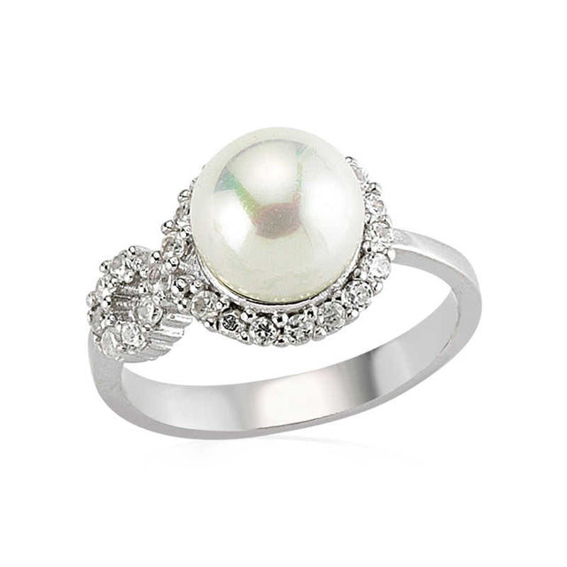 Ring - Lustrous Pearl & Sparkling Simulated Diamond Halo