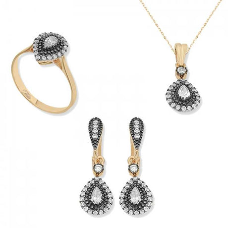 Jewelry Set - Gold-Tone Silver Teardrop Halo White & Black Stone