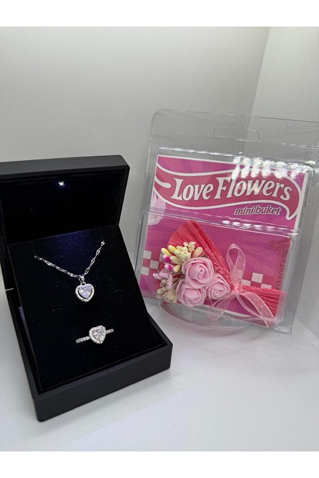 Silver Heart Necklace Ring Set with Lighted Box & Mini Flowers - TryAladdin