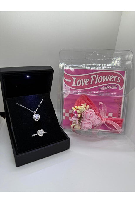 Silver Heart Necklace Ring Set with Lighted Box & Mini Flowers - TryAladdin