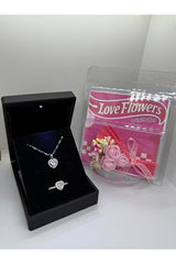 Silver Heart Necklace Ring Set with Lighted Box & Mini Flowers - TryAladdin
