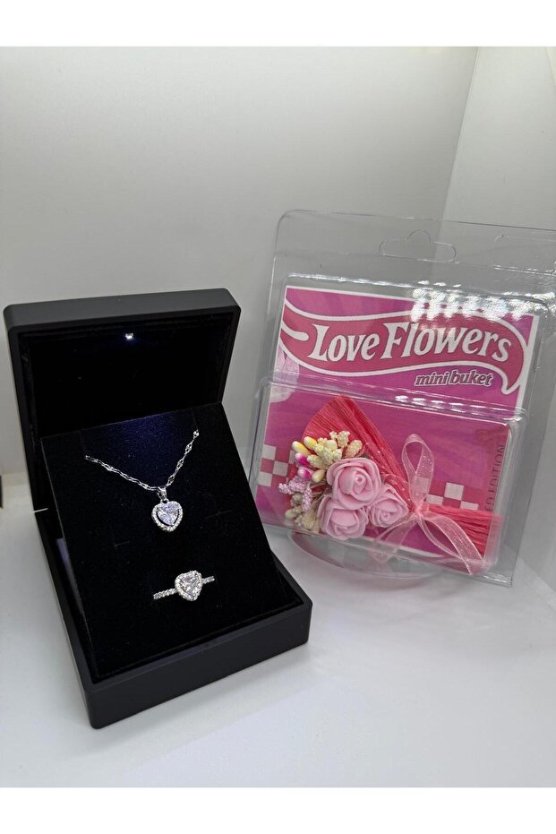 Silver Heart Necklace Ring Set with Lighted Box & Mini Flowers - TryAladdin