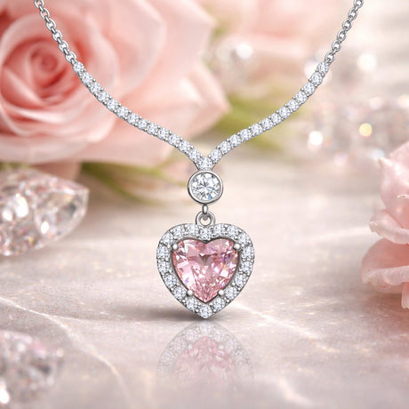 Dainty Silver-Tone Pink Zircon Heart Halo Pendant Necklace