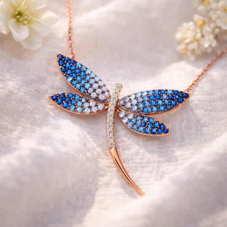 Rose Gold Plated Sterling Silver Dragonfly Necklace - Blue & Clear Zirconia