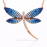 Rose Gold Plated Sterling Silver Dragonfly Necklace - Blue & Clear Zirconia