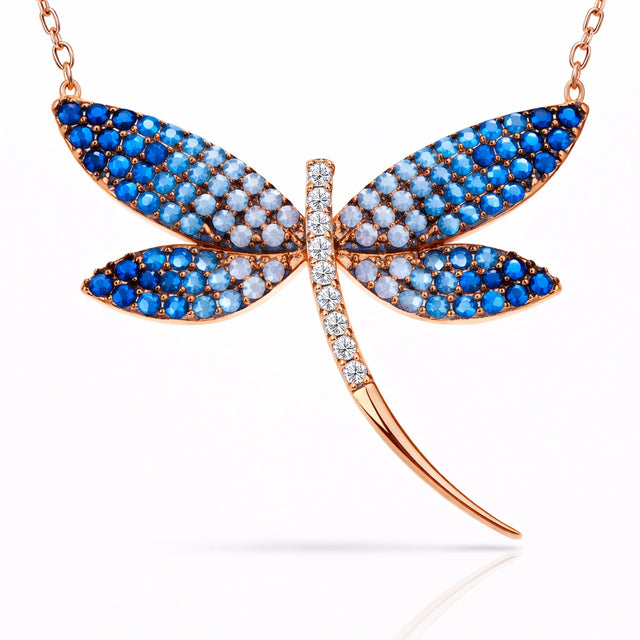 Rose Gold Plated Sterling Silver Dragonfly Necklace - Blue & Clear Zirconia