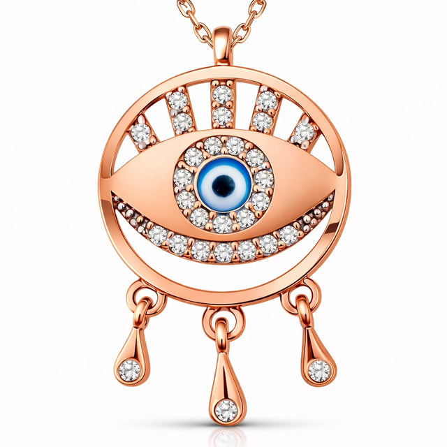 Rose Gold Evil Eye Pendant Necklace - Sparkling CZ Dangles