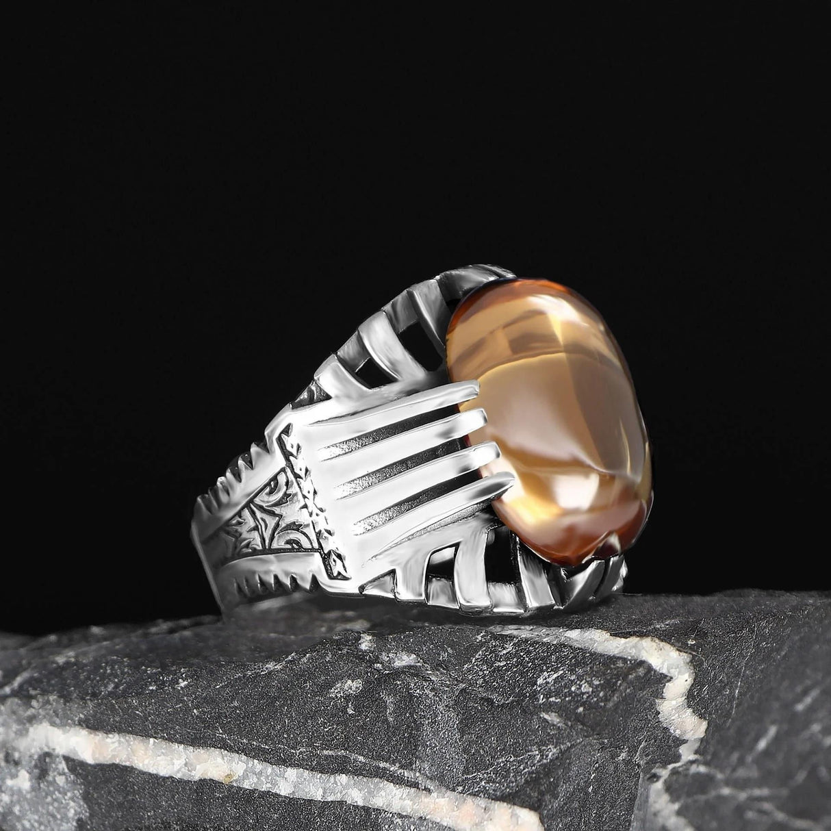 Tesbihevim | Men's Silver Ring with Citrine Stone