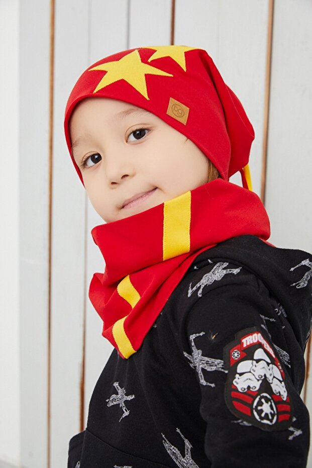 Soft 100% Cotton Yellow Red Beanie & Neck Warmer Set - TryAladdin