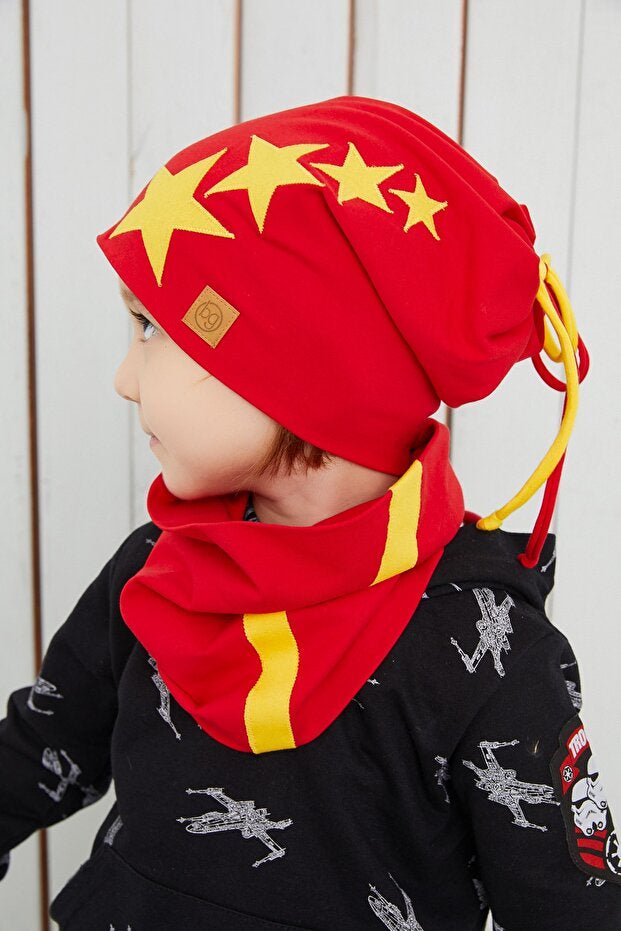 Soft 100% cotton Yellow Red Beanie & Neck Warmer Set - TryAladdin