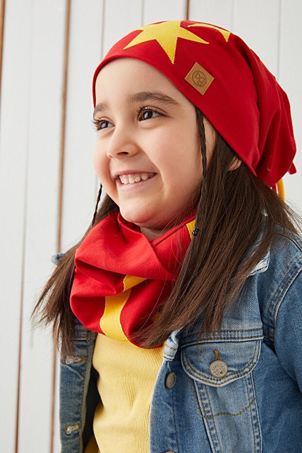 Soft 100% Cotton Yellow Red Beanie & Neck Warmer Set - TryAladdin